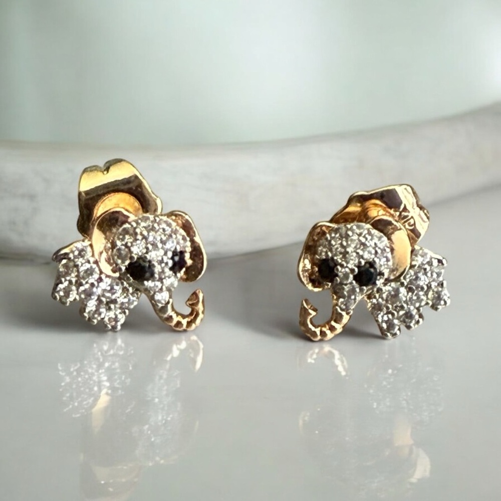2 Pairs of 18K Gold Electroplated With  Cz Stones Paved Elephant Style Earrings